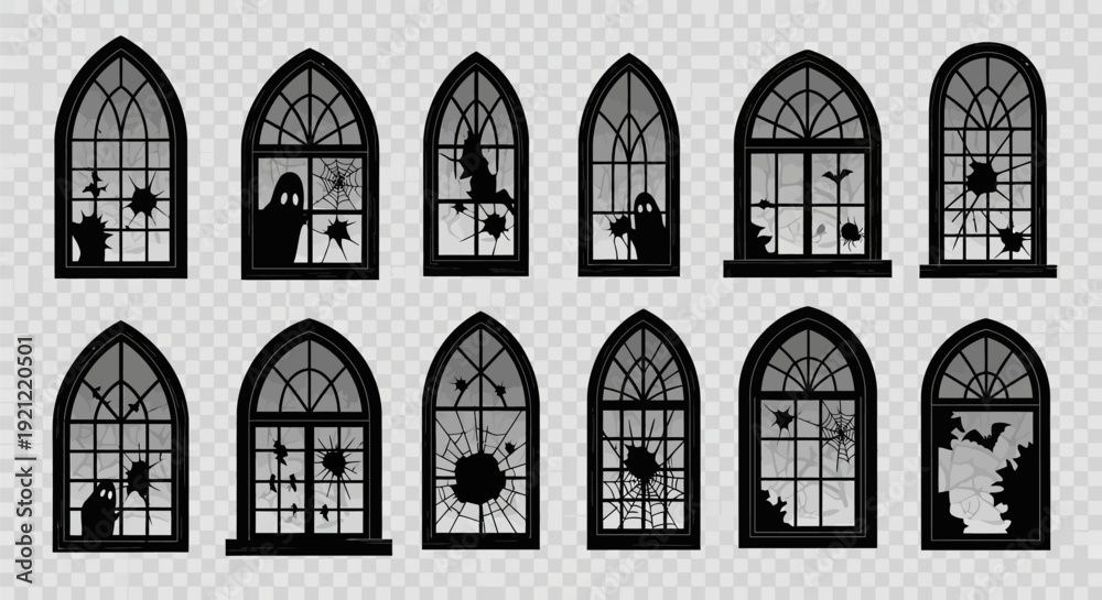 Obraz premium Spooky gothic windows with broken glass and creepy silhouettes