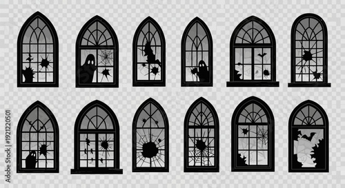 Spooky gothic windows with broken glass and creepy silhouettes