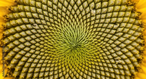 Close-up of a sunflower head showcasing intricate spiral patterns and textures.