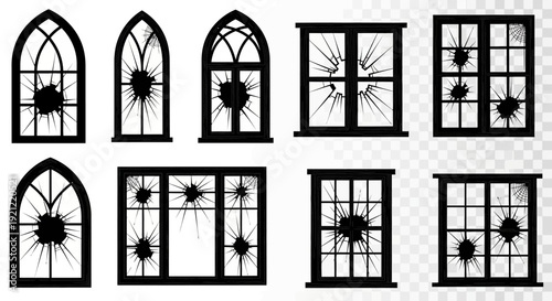 Set of broken window frames in various styles