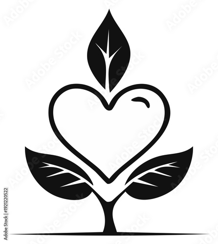 Stylized heart with sprouting leaves signifying growth love and vitality in black and white