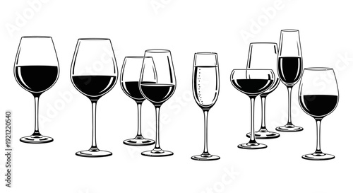 Elegant wine glasses filled with red wine and champagne