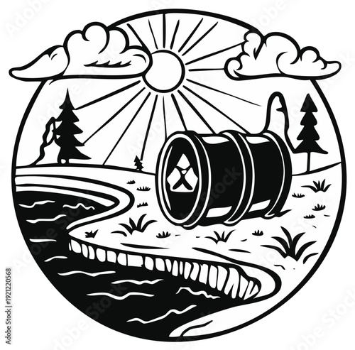 Toxic waste barrel on riverbank with trees sun and clouds nature pollution illustration