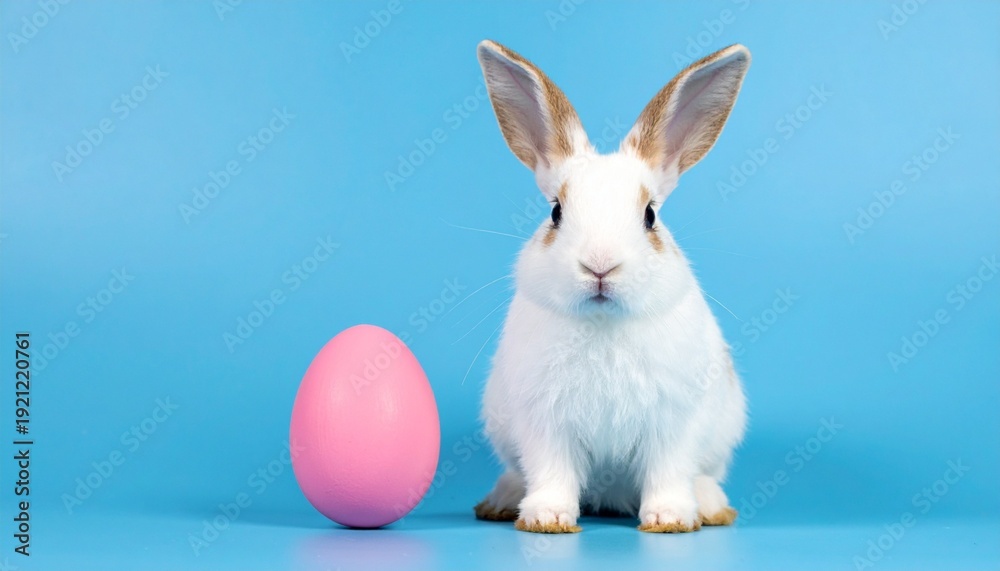 Obraz premium White rabbit with pink egg on blue background