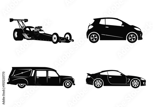 Racing car and specialty vehicle silhouette icons including dragster hearse and sports coupe
