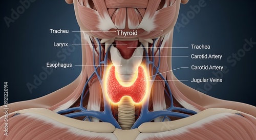Anatomical illustration of the human thyroid gland and surrounding neck structures.