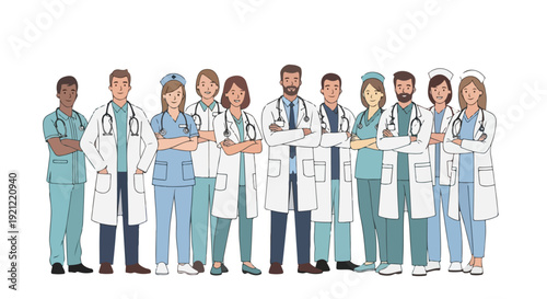 Illustration of a diverse group of medical professionals standing together in scrubs and lab coats against a clean white background.