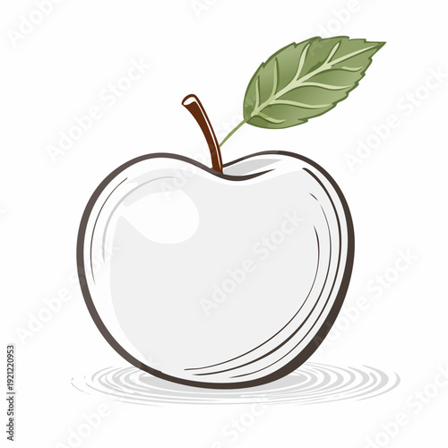 A hand-drawn illustration of a crisp, white apple with a vibrant green leaf and stem