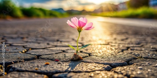 A Delicate Pink Blossom Finds Strength in the Cracks of a Paved Road, Basking in the Golden Hour's Embrace