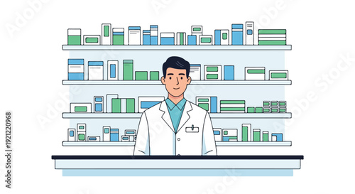 Illustration of a pharmacist standing behind a counter with shelves of medication and products in the background, wearing a white lab coat and blue shirt.