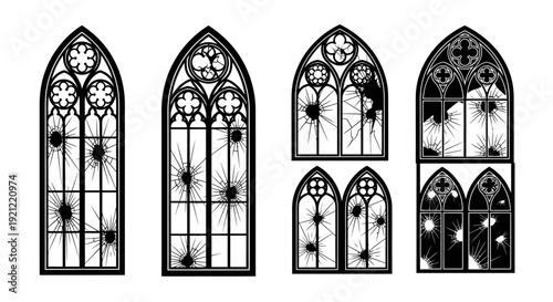Damaged Gothic stained glass windows with broken panes