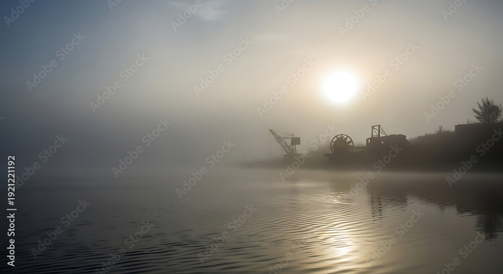 Obraz premium Foggy industrial waterfront scene with sunrise
