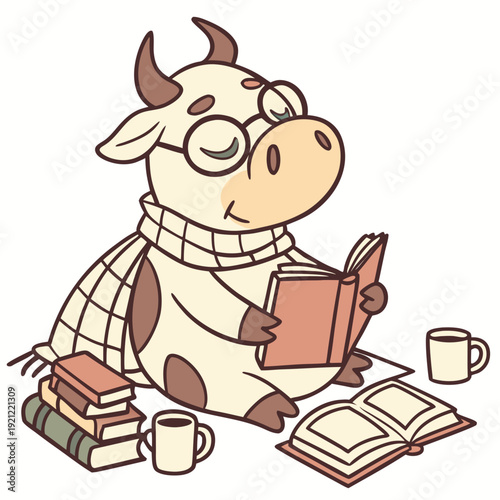 Cozy Reading colored Cow with a Bashful touch, placed in a Bookworm Day theme and styled with wearing glasses