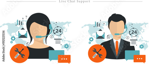Premium Global Live Chat Support Illustration Technical Customer Service, Call Center Agent and 24/7 Help Desk Flat Vector Set