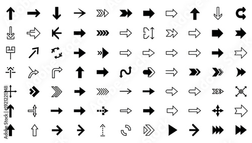 Collection of various black arrow icons on white background for navigation and direction