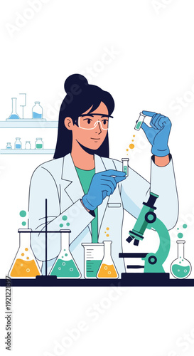 Illustration of a scientist examining a liquid in a laboratory setting with various equipment and colorful chemicals.