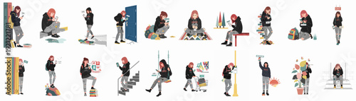 Modern youth and technology: A series of illustrations of a girl frequently using her smartphone, often confronting a "confirm deletion" prompt.