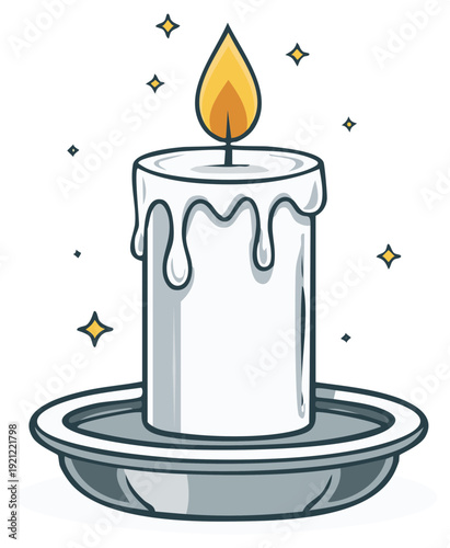 Burning Candle Illustration with Glowing Flame on Silver Plate