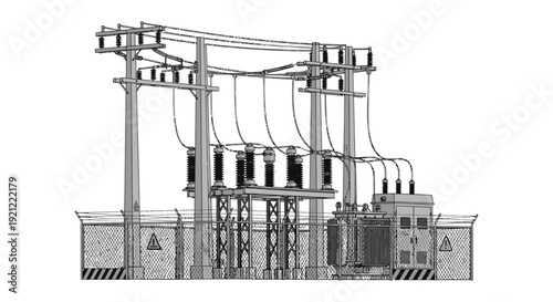 electrical power substation line art showing high voltage lines utility poles and transformers infrastructure for the energy grid.