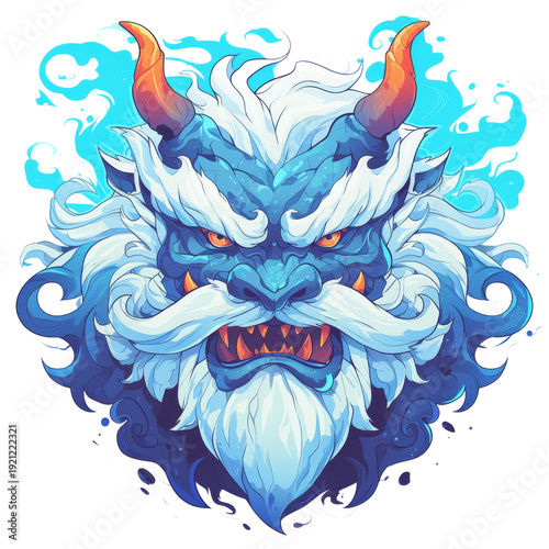 A detailed illustration of a fierce blue and white mythical beast's head with orange horns and glowing red eyes.