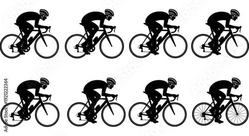 dynamic black silhouettes of male road cyclists in various racing positions illustrating speed endurance and competitive cycling themes