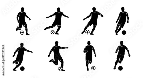 dynamic collection of male soccer player silhouettes in various action poses with footballs perfect for illustrating competitive sports and athleticism.