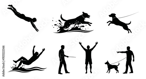 dynamic black vector silhouettes of active people and dogs engaging in water sports training and leisure perfect for sports pet and outdoor lifestyle graphics