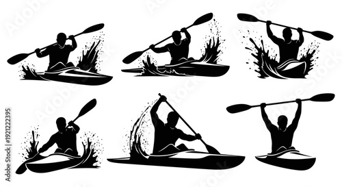 dynamic silhouettes of kayakers paddling through splashing water illustrating active water sports outdoor recreation and leisure activity.