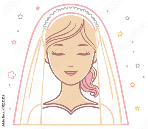 Delicate Bride Illustration with Closed Eyes and Veil Surrounded by Stars Wedding Ceremony Design