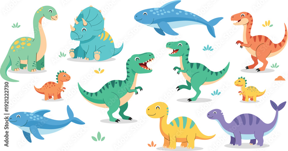 Naklejka premium Cute dinosaur cartoon collection with tyrannosaurus triceratops brachiosaurus and marine reptiles colorful prehistoric characters for kids vector illustration set.