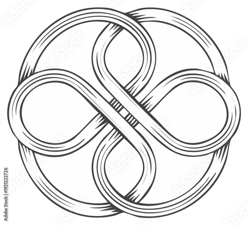 Abstract circular endless knot design representing eternity and unity in stylized line art graphic illustration