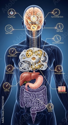 Human Body Anatomy with Clockwork Mechanisms and Internal Organs.