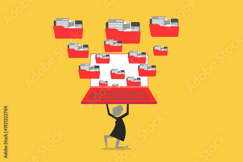 Business woman struggling to hold up a giant red laptop that is overflowing with numerous file folders. concept of heavy burden of administrative tasks, digital clutter