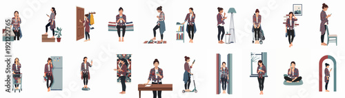 Daily activities of a young woman at home and outdoors, illustrating modern lifestyle, communication, and various household chores.