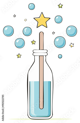 Magic potion in a glass bottle with a star wand and sparkling bubbles illustration
