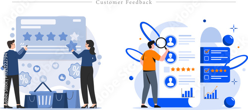 Premium Customer Feedback Illustration Online Reviews, Star Rating System and User Experience Analysis Flat Vector