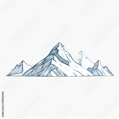 Hand-drawn illustration of a majestic mountain range, capturing the rugged beauty and serene grandeur of alpine landscapes, perfect for nature and adventure themes