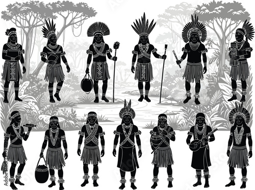 Silhouettes of indigenous people in traditional headdresses and attire, showcasing different roles and activities in a monochrome jungle setting.