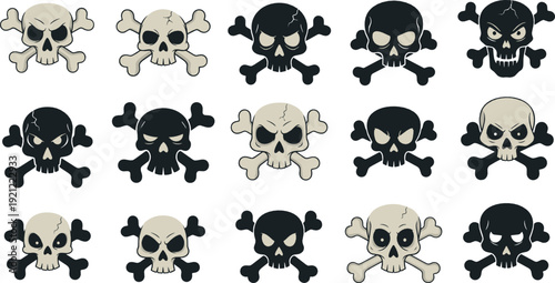 Cartoon skull and crossbones characters set with expressive faces representing danger, pirate themes, and spooky symbols illustrated in playful flat vector style