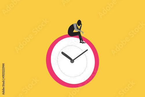 Businessman sitting on top of a giant clock, appearing deep in thought or feeling overwhelmed. concept of time management, deadlines, and the pressure of a fast-paced work environment