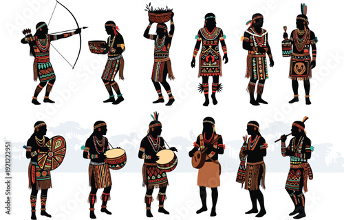 Collection of diverse indigenous people in traditional attire, depicting hunters, musicians, and gatherers, in vibrant colors against a natural backdrop.
