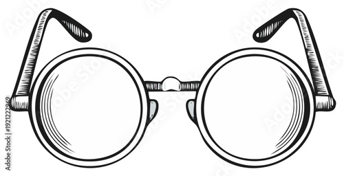 Black and white illustration of round eyeglasses, vintage style.