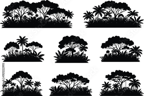 Collection of nine distinct black silhouettes of tropical trees and dense jungle foliage, creating atmospheric natural landscapes.