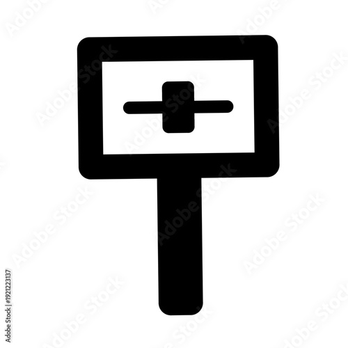 Medical cross sign icon in black silhouette style, healthcare symbol on signboard isolated on white background, simple hospital and emergency aid pictogram for safety and clinic design.