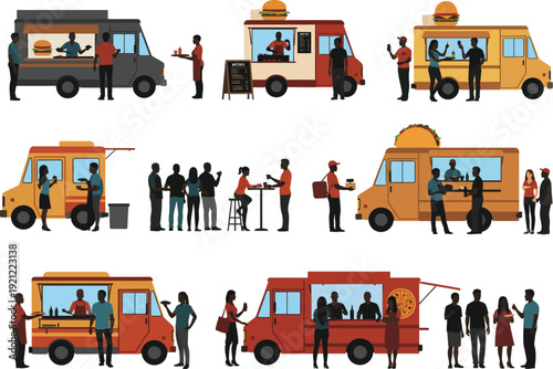 Vibrant food trucks serving burgers, tacos, and pizza, with customers ordering and enjoying meals outdoors in a lively urban setting.