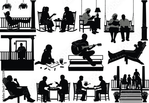 Monochrome silhouettes of people relaxing and engaging in activities on a porch, swing, and around tables, including family time and hobbies.