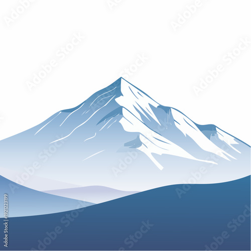 Majestic snow-capped mountain peaks against a crisp white sky, symbolizing nature's grandeur and serene beauty