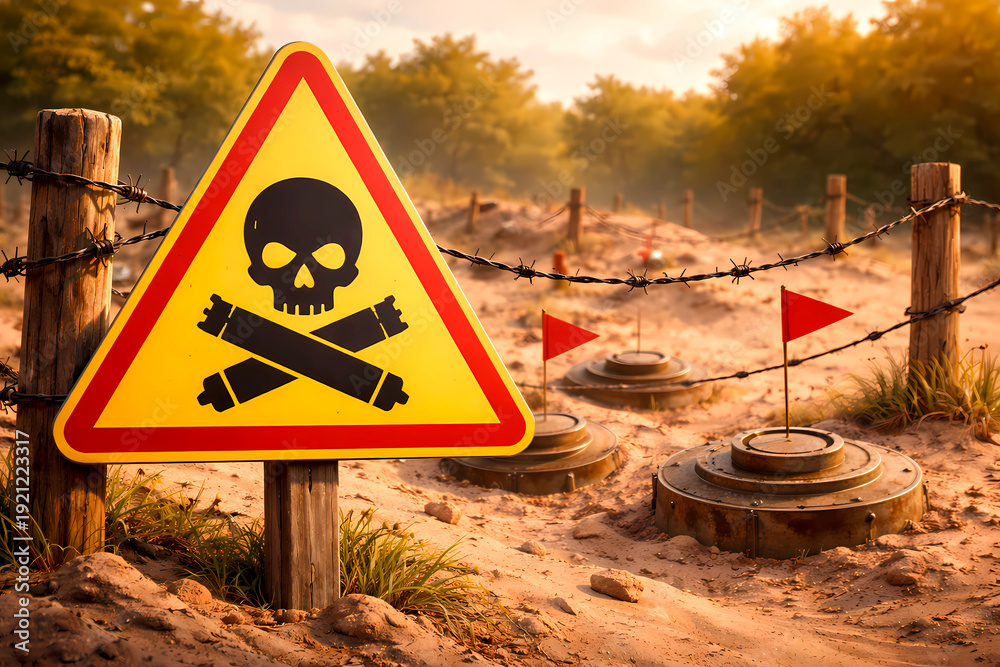 Obraz premium Yellow danger sign with skull and crossbones in a minefield. Anti-tank mines marked with red flags behind a barbed wire fence. War zone and explosive hazard concept