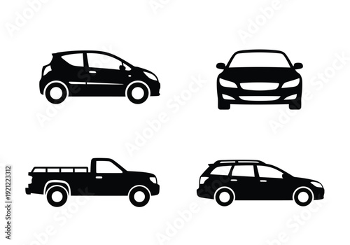 Set of cars side view icons includes hatchback, sedan, pickup truck, and wagon