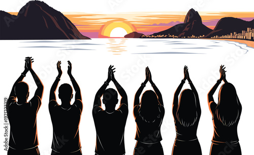 Silhouettes of a diverse crowd raising hands in celebration against a breathtaking sunset over mountains and a city skyline, signifying unity and achievement.